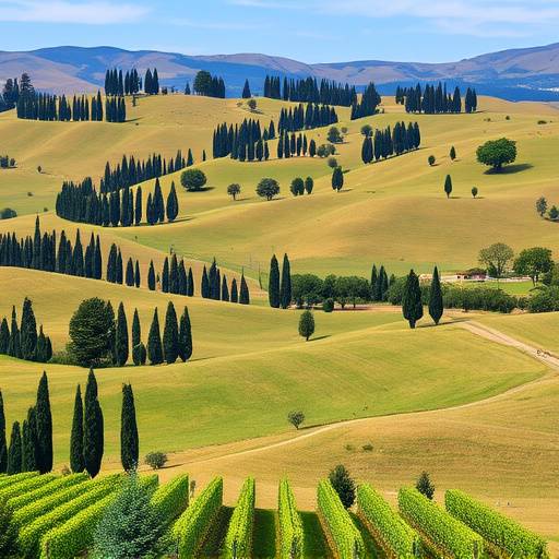 Paesaggio collinare toscano con cipressi e vigneti