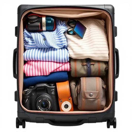 Una valigia aperta con vestiti piegati e accessori da viaggio