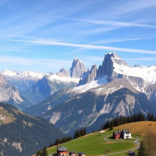 Veduta panoramica delle Dolomiti, con montagne innevate e un cielo azzurro