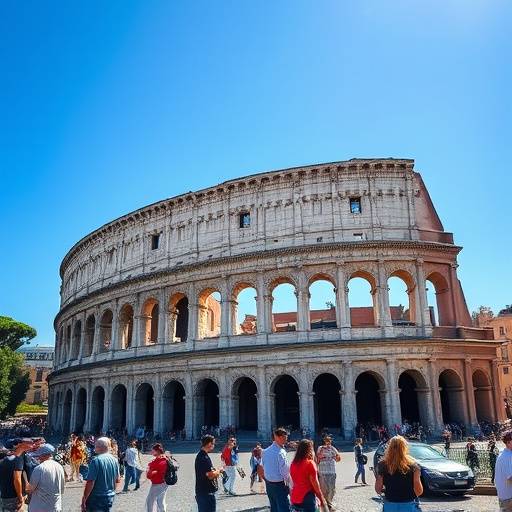 Vista del Colosseo a Roma con turisti che lo visitano e il cielo azzurro